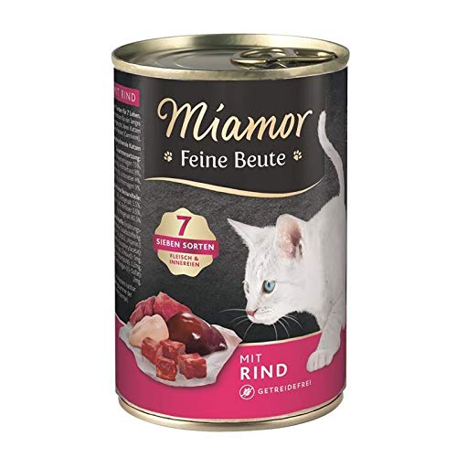 MIAMOR - Feine Beute | Nassfutter für ausgewachsene Katzen mit 7 Sorten Fleisch und Innereien. Getreidefreies Alleinfutter mit Taurin in der Dose ohne künstliche Zusätze | 12x400g Rind