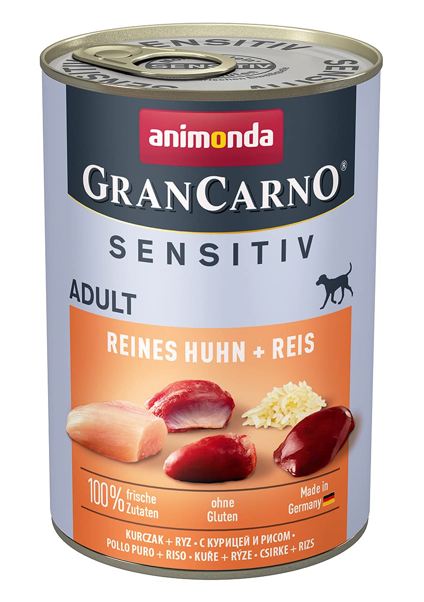 GranCarno Hunde Nassfutter Sensitiv Reines Huhn + Reis (6 x 400g), Hundefutter nass ohne Getreide und Zucker von animonda, für ausgewachsene Hunde, mit frischen fleischlichen Zutaten