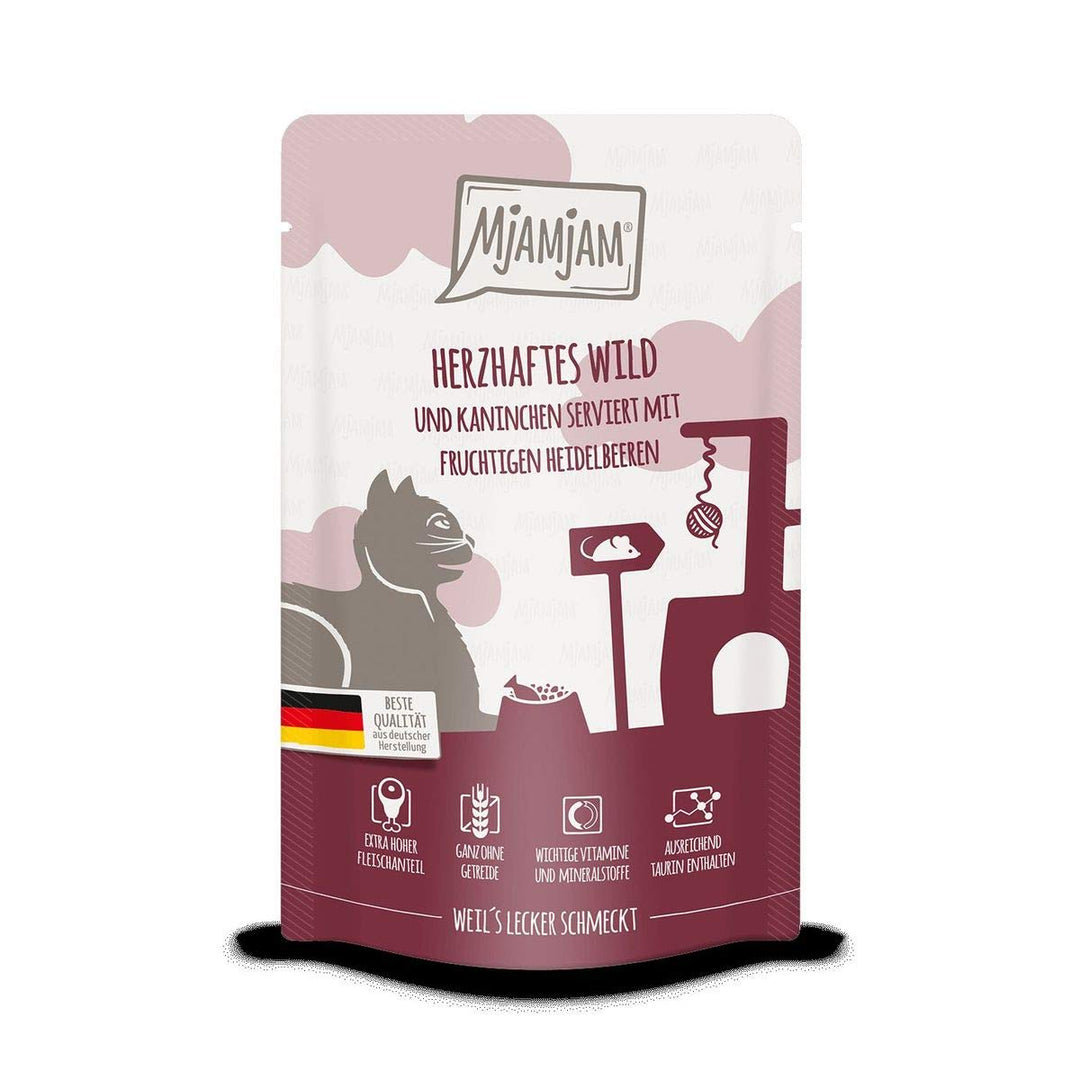 MjAMjAM Katzen Nassfutter: Herzhaftes Wild & Kaninchen an fruchtigen Heidelbeeren - 12 x 125g