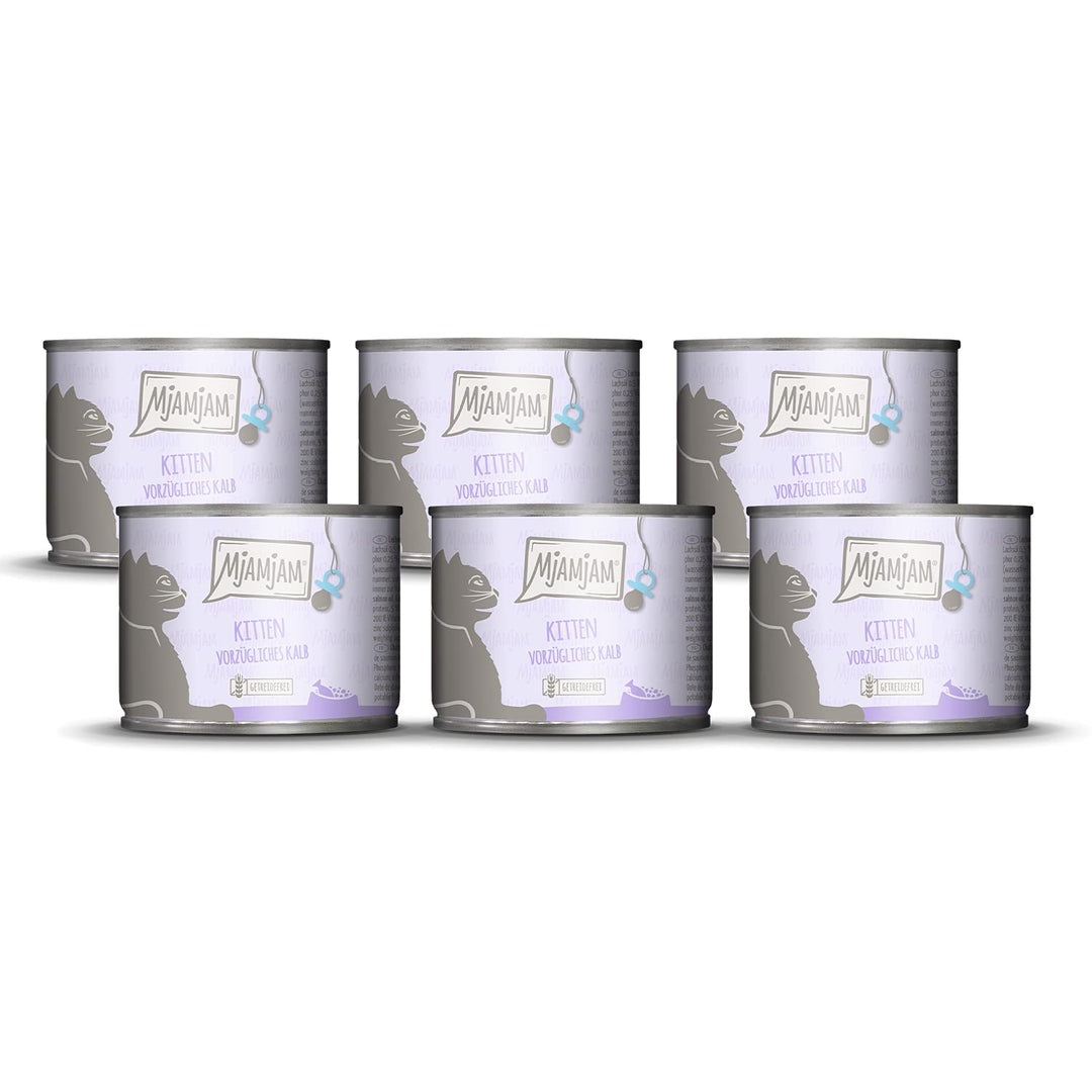 MjAMjAM - Premium Nassfutter füt Katzen - Kitten vorzügliches Kalb mit Lachsöl, 6er Pack (6 x 200 g), getreidefrei mit extra viel Fleisch