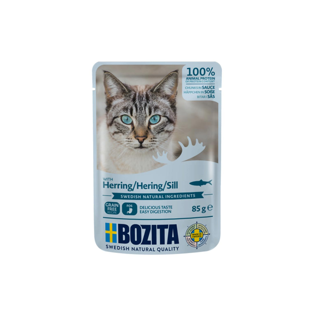 Bozita Pouch Nassfutter Häppchen in Sauce mit Hering - 12x85g Portionsbeutel getreidefreies & weizenfreies Futter für Katzen - Katzennassfutter für Adult-Katzen mit 8,5% Protein & 4,5% Fettgehalt