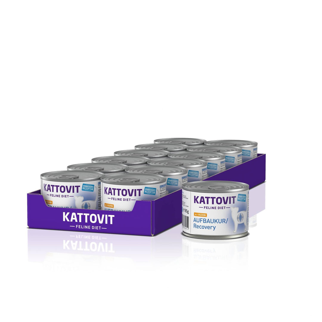 KATTOVIT - Recovery Nassfutter für Katzen | Diätfutter in der Dose für Katzen mit Untergewicht, Rekonvaleszenz | Glutenfreies Katzen-Nassfutter für ausgewachsene Katzen | 12 x 185 g Huhn