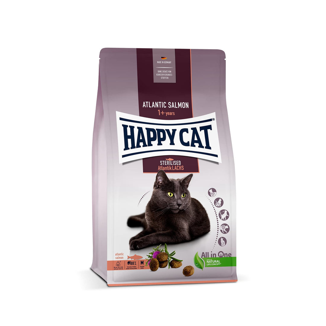 Happy Cat 70579 - Sterilised Adult Atlantik Lachs - Trockenfutter für sterilisierte Katzen und Kater - 1,3 kg Inhalt