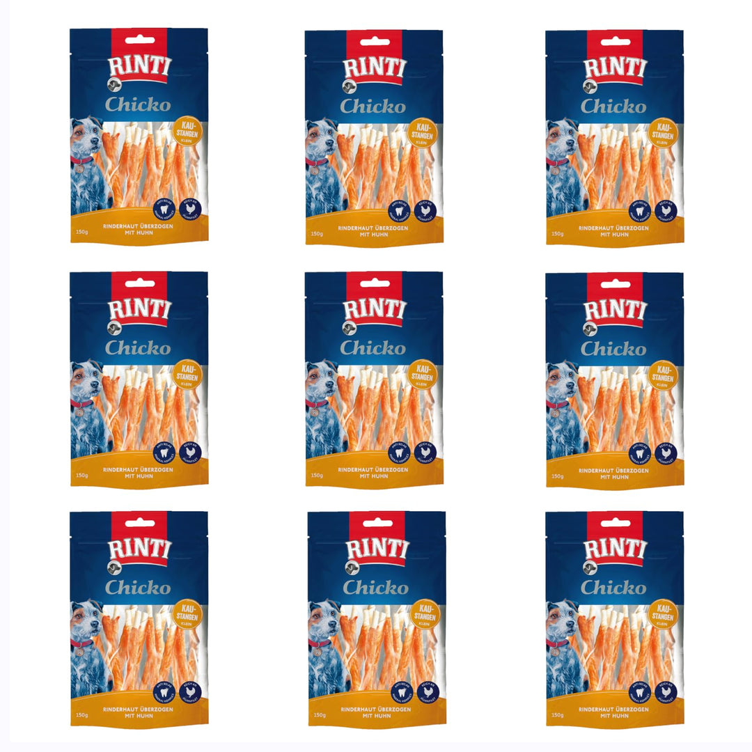 Rinti Chicko Kaustangen klein | 9 x 150 g | Aus bissfester Rinderhaut mit Hühnerfleisch überzogen | Putzkörperchen auf Mineralstoffbasis | Wiederverschließbar