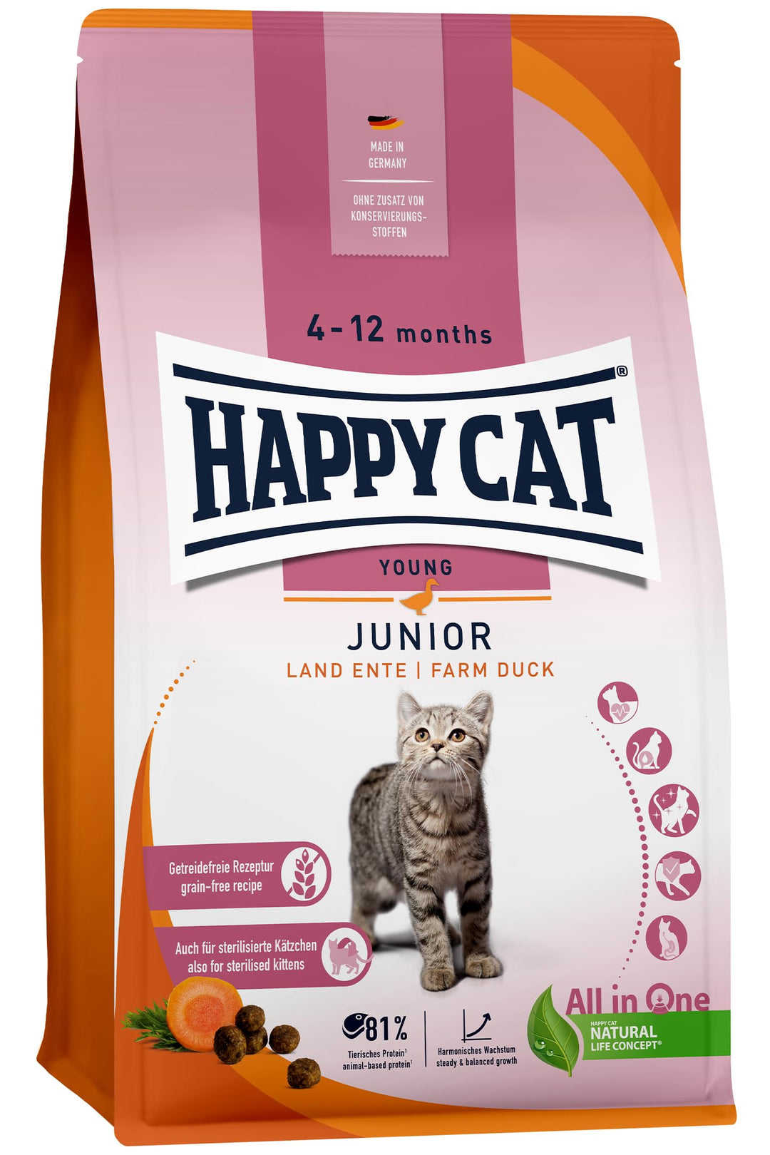 Happy Cat - Young Junior Land Ente - Katzen-Trockenfutter für Jung-Katzen ab dem 4. Monat - 1,3 kg Inhalt