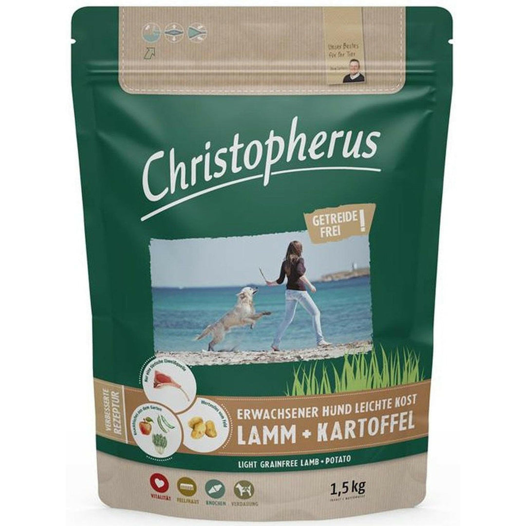 Christopherus Light Grainfree, Vollnahrung für ausgewachsene Hunde mit Übergewicht oder geringer Aktivität, Trockenfutter, Lamm + Kartoffel, Krokettengröße ca. 1 cm, Ausgewachsener Hund, 1,5 kg