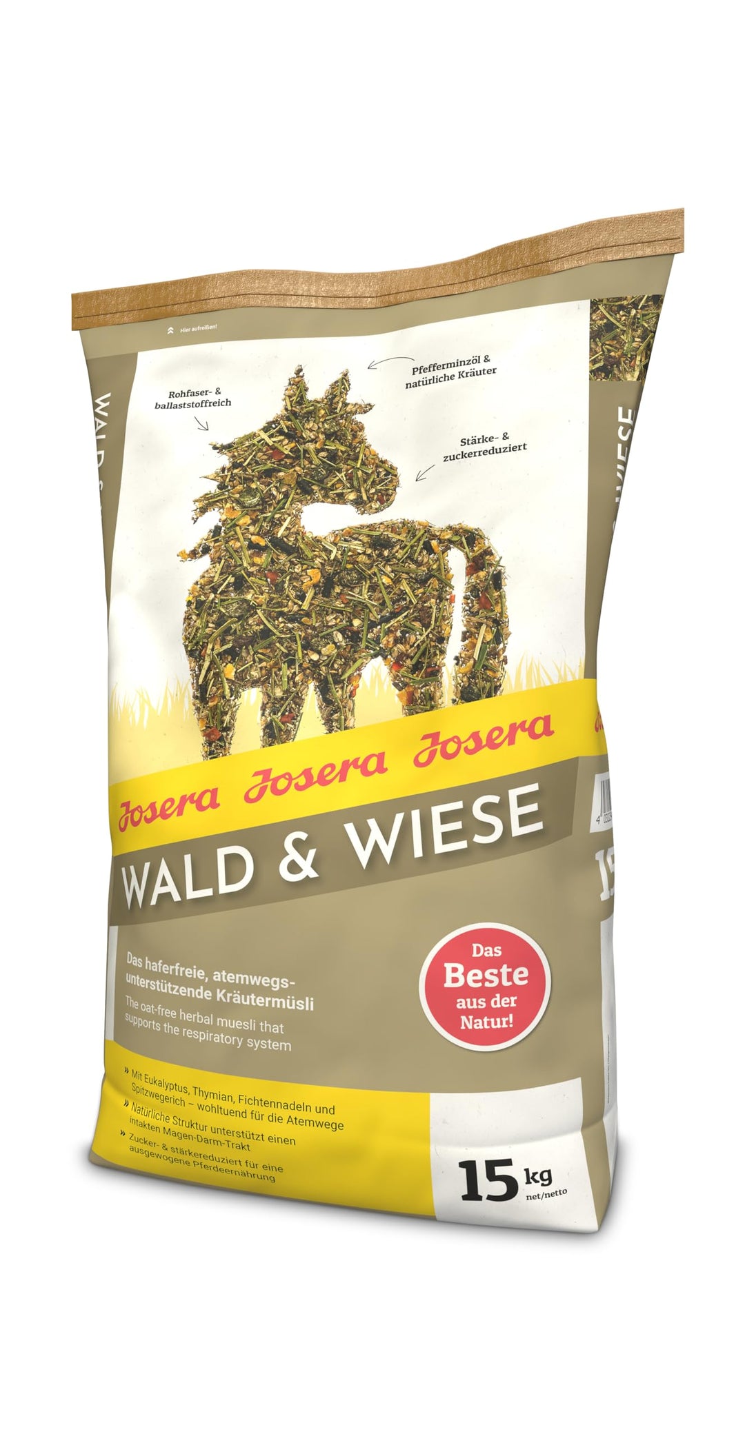 JOSERA Wald & Wiese (1 x 15 kg) | Premium Pferdefutter - das atemwegsunterstützende Kräutermüsli| haferfrei |Stärke- & zuckerreduziert | 1er Pack