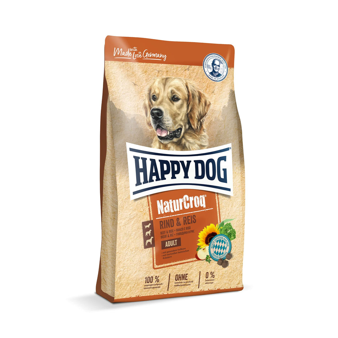 Happy Dog – NaturCroq Rind & Reis – Trockenfutter mit heimischen Kräutern für ausgewachsene Hunde – 1 kg Inhalt