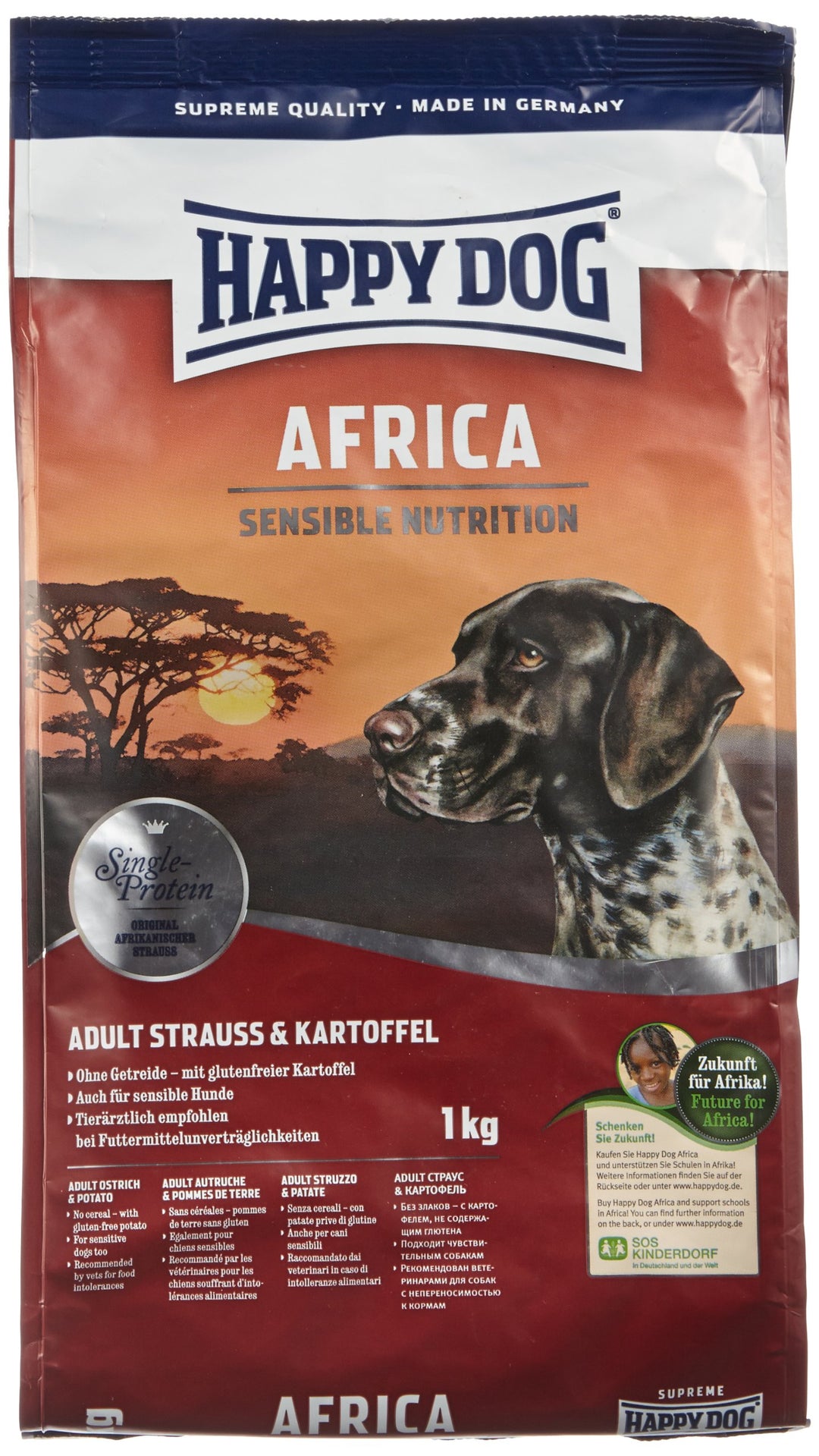Happy Dog - Sensible Africa Strauß - Hunde-Trockenfutter für ausgewachsene Hunde - 1 kg Inhalt